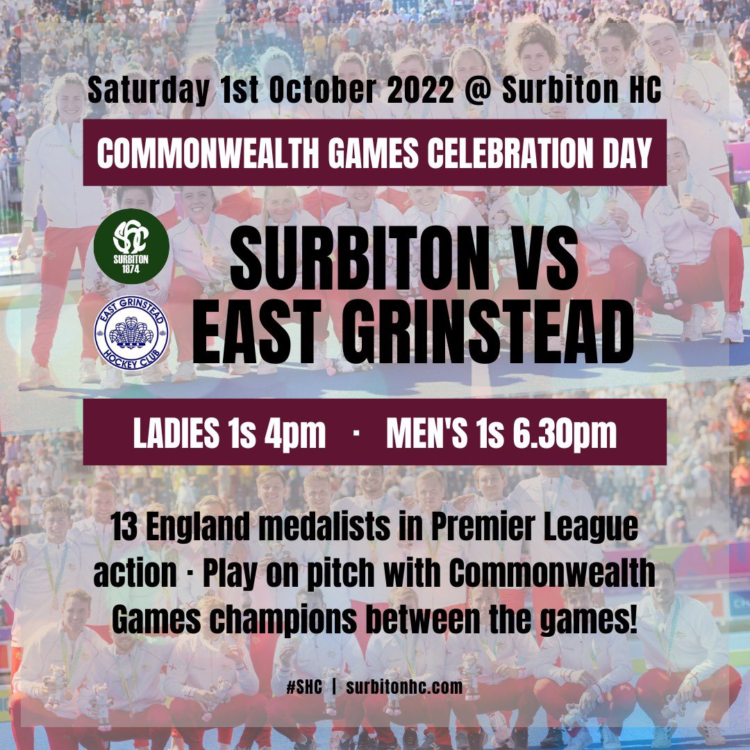 𝗣𝗿𝗲𝗺𝗶𝗲𝗿 𝗟𝗲𝗮𝗴𝘂𝗲 𝗠𝗮𝘁𝗰𝗵𝗱𝗮𝘆 𝗣𝗿𝗼𝗴𝗿𝗮𝗺𝗺𝗲
Available online 🔗 bit.ly/3DMoOWM

Double header vs <a href="/eghockeyclub/">East Grinstead HC</a>

4pm: Ladies 1s
5.30pm: Free skills session for kids
6.30pm: Men’s 1s

Good luck to both SHC teams! 👊

#SHC  |  surbitonhc.com