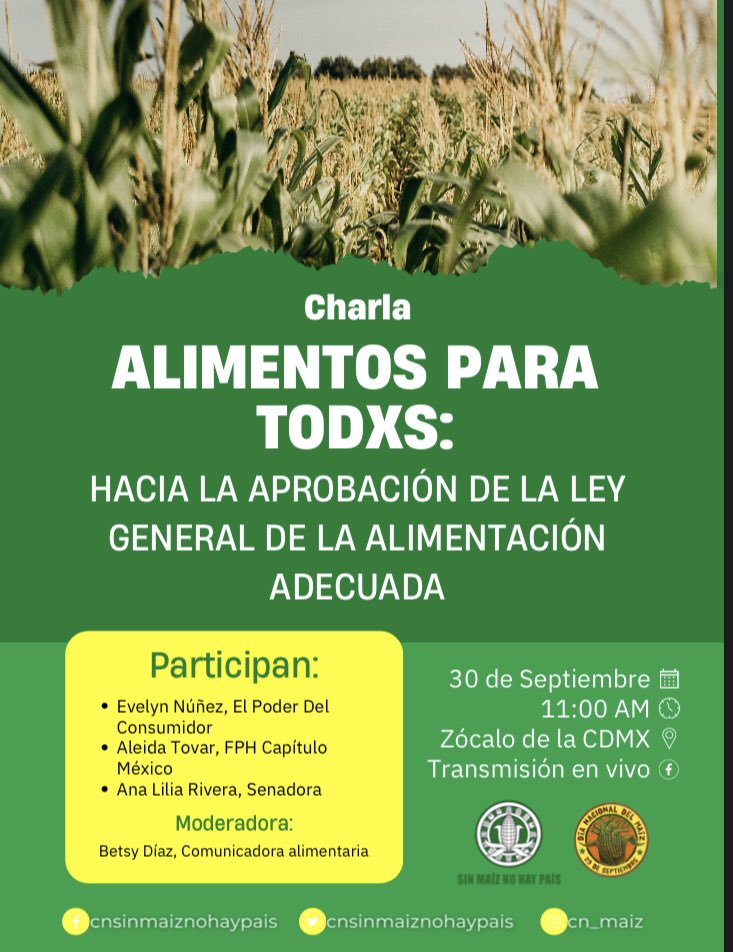 #EnVivo 🟠 Súmate a la charla "Alimentos para todxs", organizada por @cn_maiz en el marco del #DíaDelMaíz2022 🥳🌽.

Participa nuestra compañera Evelyn Núñez, Aleida Tovar de <a href="/frente_contra/">Frente Parlamentario Contra el Hambre México</a> y @Ana_LiliaRivera 👉🏽 facebook.com/actuaporlasalu…