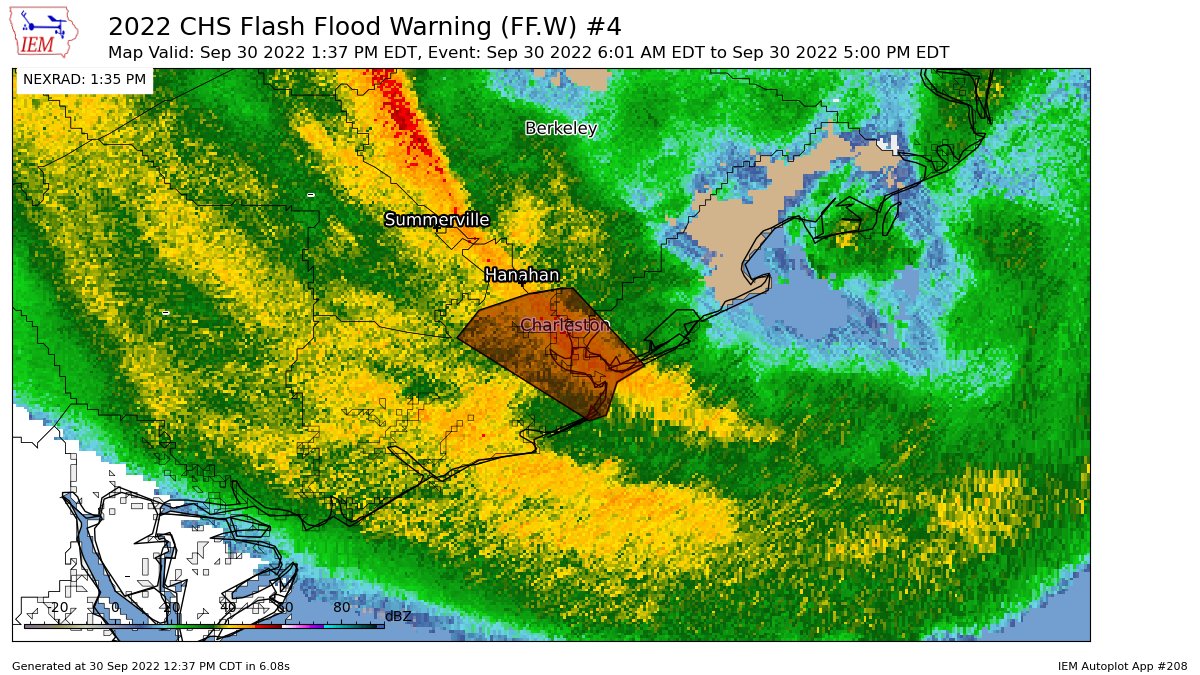 chswx's tweet photo. CHS extends time of Flash Flood Warning [flash flood: radar indicated, flash flood damage threat: considerable] for Berkeley, Charleston [SC] till Sep 30, 5:00 PM EDT https://t.co/7KCEbBbrZ5 https://t.co/MH5n6pFKxG