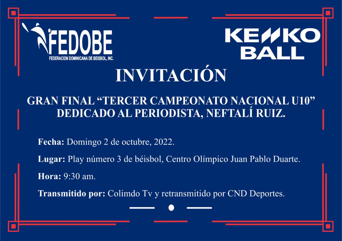 FEDOMRD's tweet photo. Los esperamos este próximo domingo 2 de octubre, en el cierre del “Tercer Campeonato Nacional U10”.
#Fedobe #NacionalU10 #KenkoBall https://t.co/C0Zjv8oPH1