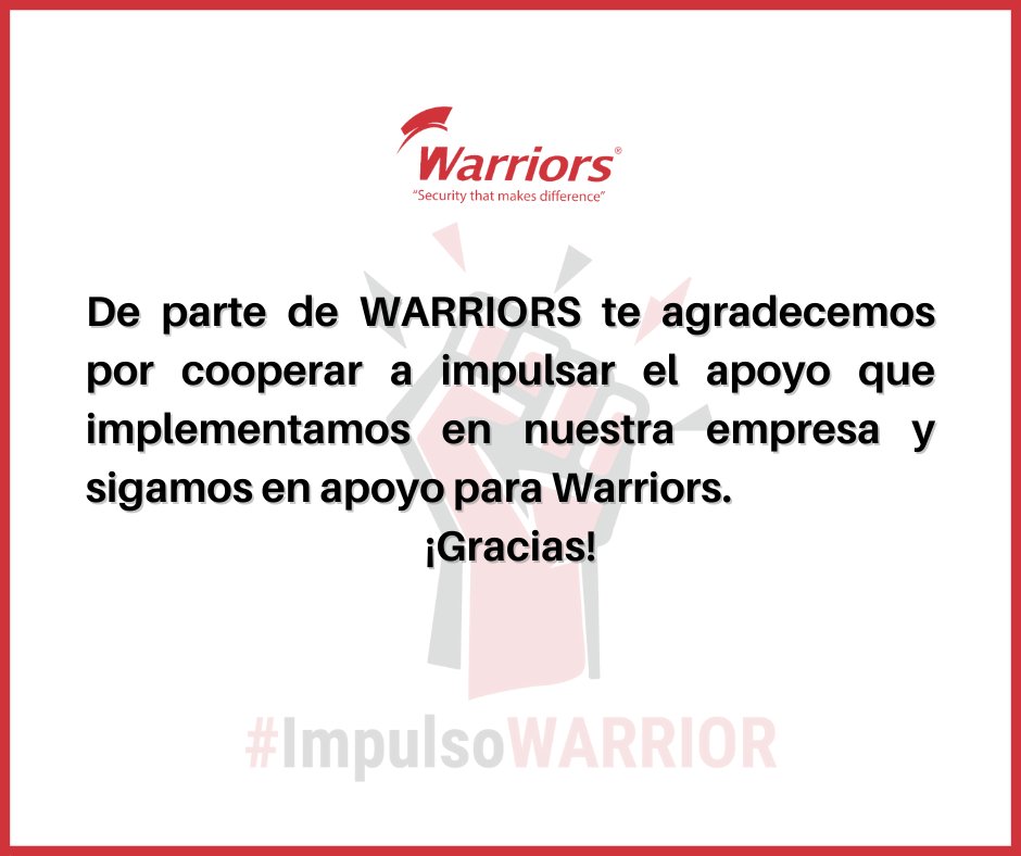 #ImpulsoWARRIOR Te agradecemos por dar tu apoyo a este movimiento para impulsar a Warriors Labs.
Con tu apoyo podremos estar más cerca de ti y con nuestras soluciones ¡tendrás resultados efectivos, constantes y seguros para tu organización! 
¡Síguenos en nuestras redes sociales!