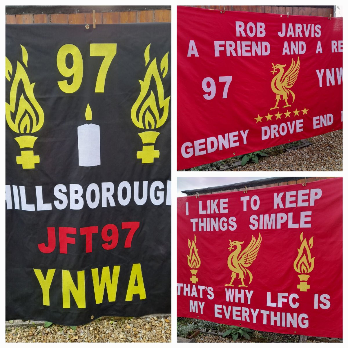 NEW. All three banners designed by @Darrengibson72 Made by Banners and Flags. 🔴⚪️🟡 #JFT97 #HillsboroughLawNow #dontbuythesun YNWA