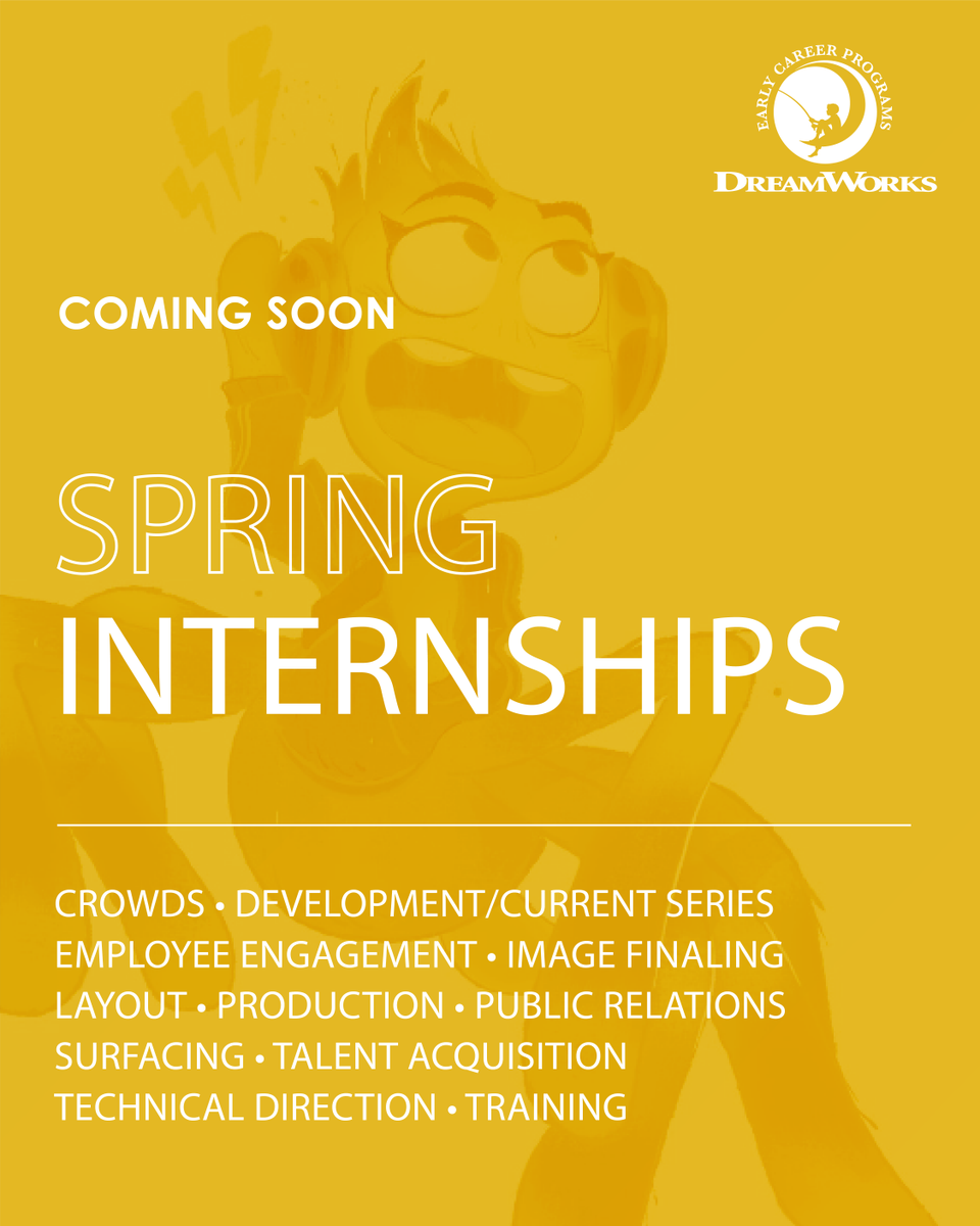 dreamworksjobs's tweet photo. Applications for our Spring 2023 Internships are coming soon! Stay tuned next week for exciting updates 😎
Check out our Link In Bio to Learn more!
#DreamWorksEarlyCareers #Internships #SpringInternships #Animation #AnimationInterns #Students #AnimationArtists #AnimationJobs https://t.co/Ig0RtMXzFS