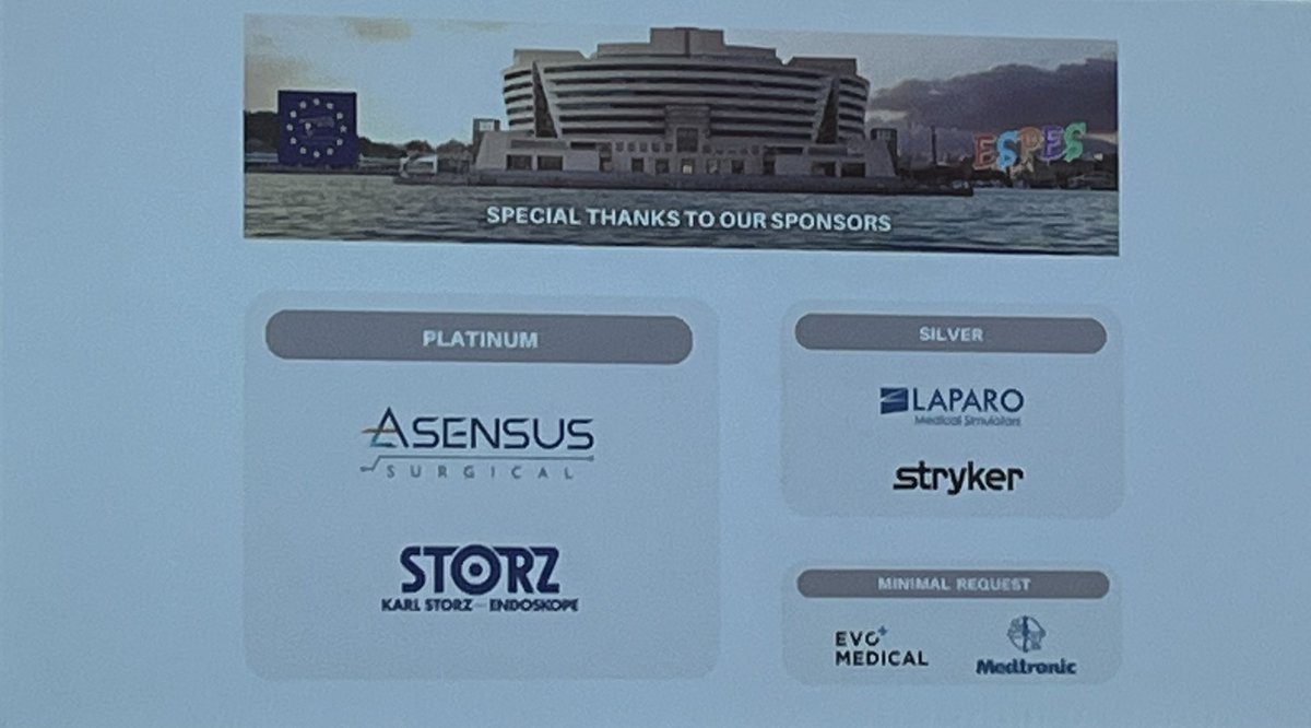 ESPES__Official's tweet photo. Many thanks for the great support of all our sponsors during the ESPES congress 2022.
@AsensusSurgical @KARLSTORZUK @StrykerEndo @Medtronic #evomedical #laparo https://t.co/xHhISZBATx