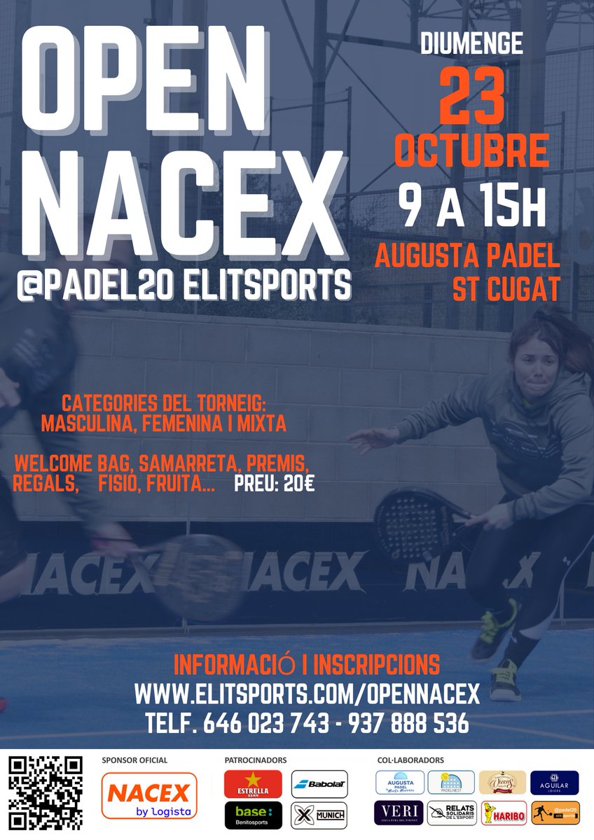 🔥Inscripcions obertes a l'open <a href="/nacex_/">Nacex</a> <a href="/padel20/">Padel 2.0</a> 
3️⃣ d'octubre de 2022 de 9 a 15h
➡️ <a href="/AugustaPadelStQ/">AugustaPadel by Mart</a> St Cugat del V.
🙋🙋🏼‍♂️ Categories masculina, femenina i mixta.
🎁 Samarreta i molts regals
ℹ️nscripcions a acortar.link/dIfrkG
Més info a elitsports.com/opennacex