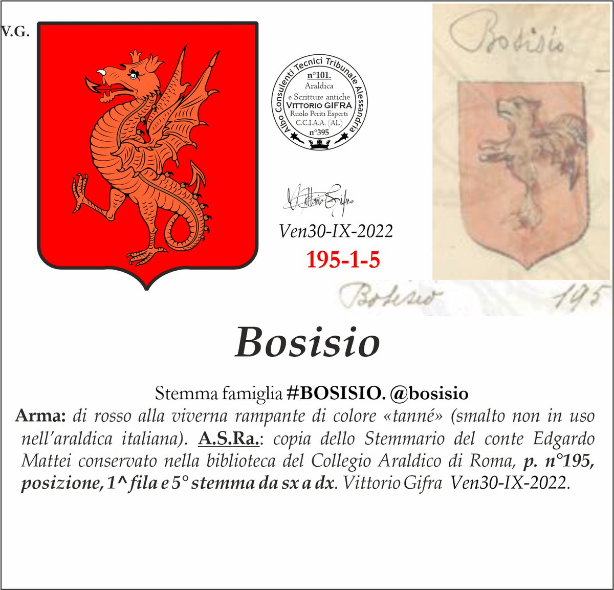VGIFRA's tweet image. Stemma famiglia #BOSISIO. @bosisio
A.S.Ra.: copia dello Stemmario del conte Edgardo Mattei conservato nella biblioteca del Collegio Araldico di Roma, p. n°195, posizione, 1^ fila e 5° stemma da sx a dx. Vittorio Gifra  Ven30-IX-2022.