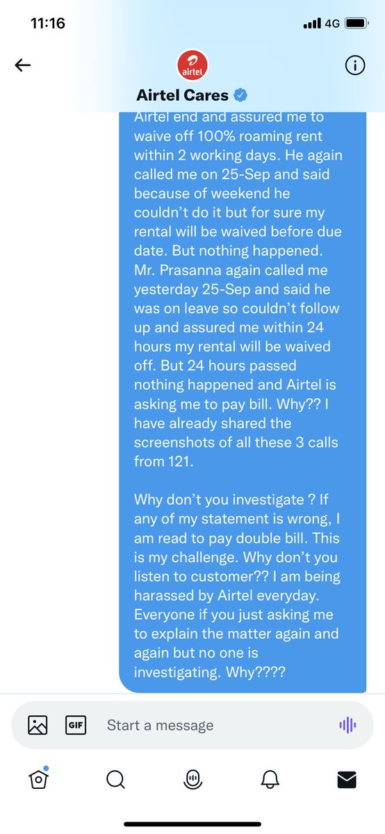 sach223's tweet photo. @Airtel_Presence @airtelindia @DoT_India @TRAI @jagograhakjago Airtel I am tired of replying and explaining my case again and again. This is another harassment from you guys since I am following up.
Anyway last time I explained to you in DM. 3 Screenshot of DM attached Let’s see what you do now? https://t.co/AtBvwYq4TC