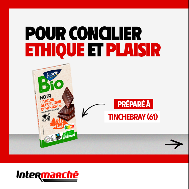 intermarche's tweet photo. Manger du #chocolat issu d’une démarche responsable &amp; engagée 🍫 c’est possible ✅
La gamme de tablettes de chocolat de la marque Ivoria BIO est maintenant 🌎 100% certifiée Maxhavelaar et toujours 🌱 100% #bio
🇫🇷 Tablette préparée en France*
*La pâte de cacao n'est pas française