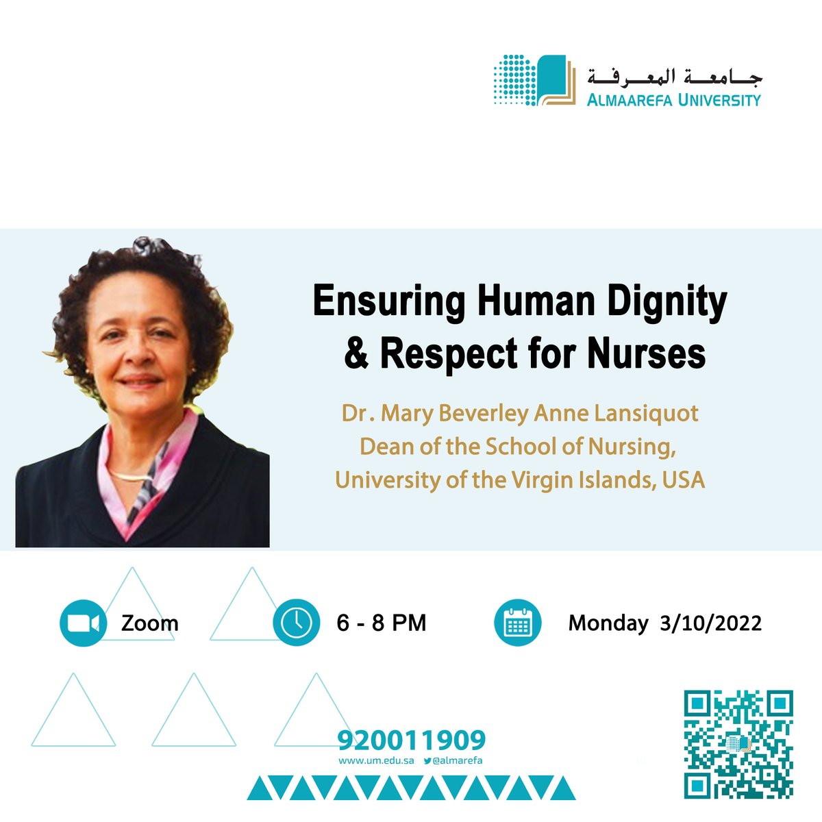 AlMaarefa's tweet photo. يقيم قسم التمريض في #جامعة_المعرفة ندوة تعليمية، بعنوان : #التمريض : مهنة تعزز الاحترام والكرامة الإنسانية"، تلقيها رائدة التعليم الأكاديمي للتمريض د. ميري بيفرلي من الولايات المتحدة الأمريكية . https://t.co/iH3CIBlGd3