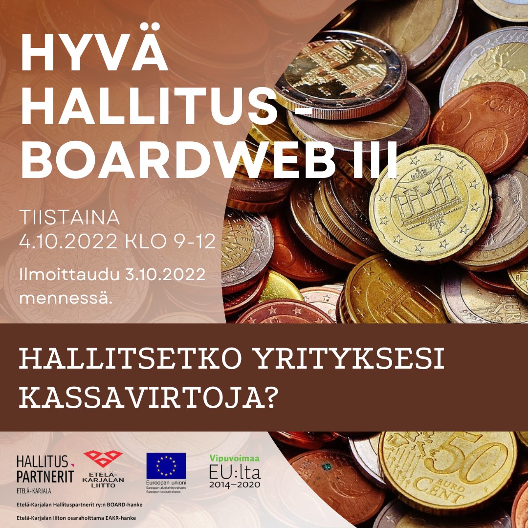 Osaatko tulkita oikein yrityksen kassavirtalaskelmia?
Yrityksen hallitustyöskentelyä kannattaa kehittää, joten tule mukaan maksuttomaan webinaariiin.
Lue lisää:
etela-karjala.hallituspartnerit.fi/tapahtumat/ 
#ekhp #board2022 #kehittyvähallitus #hallitustyö #stategia #johtaminen