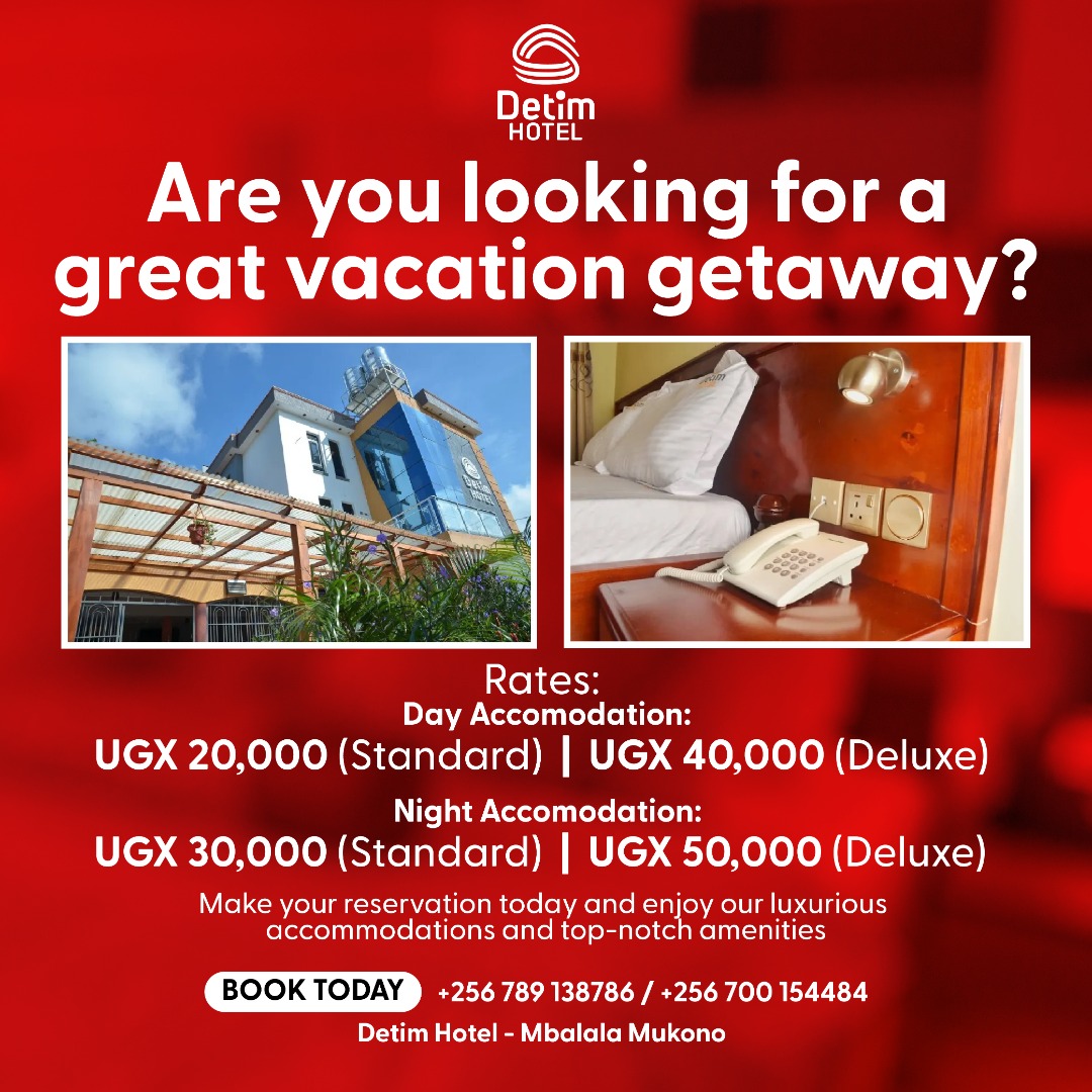 Want to feel warm and comfortable at a great-value price?

Detim Hotel is an excellent 4-star hotel located 30 minutes from the city center, with a metro station nearby, free Wi-Fi, 24/7 security, and some of the most modern facilities.

Book your room for tonight +256 700 154484