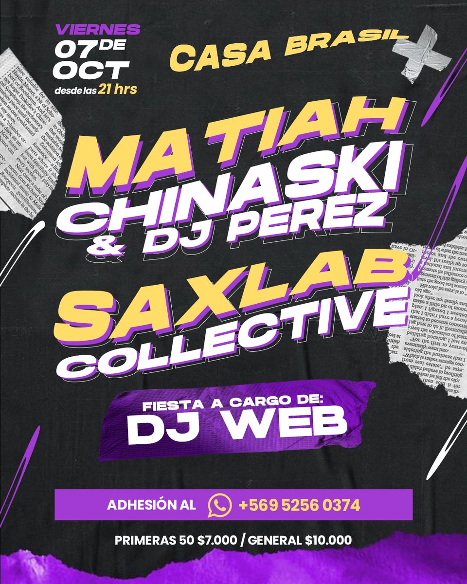 casabrasilscl's tweet photo. VIERNES 7 OCTUBRE EN VIVO:
💣MATIAH CHINASKI &amp; DJ PÉREZ 🔥
💣SAXLAB COLLECTIVE 🔥
💣DJ WEB a cargo de la fiesta🔥
ADHESIÓN al WhatsApp +569 5256 0374. https://t.co/YFqz2ffBEI