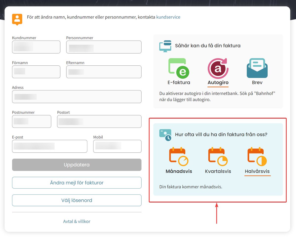 latifamars's tweet photo. @BahnhofAB can you add a modal for user to confirm the invoice period they've selected? I just got an invoice for 6 months and I don't recall intentionally selecting 'halvårsvis' https://t.co/VTROxDsNsj