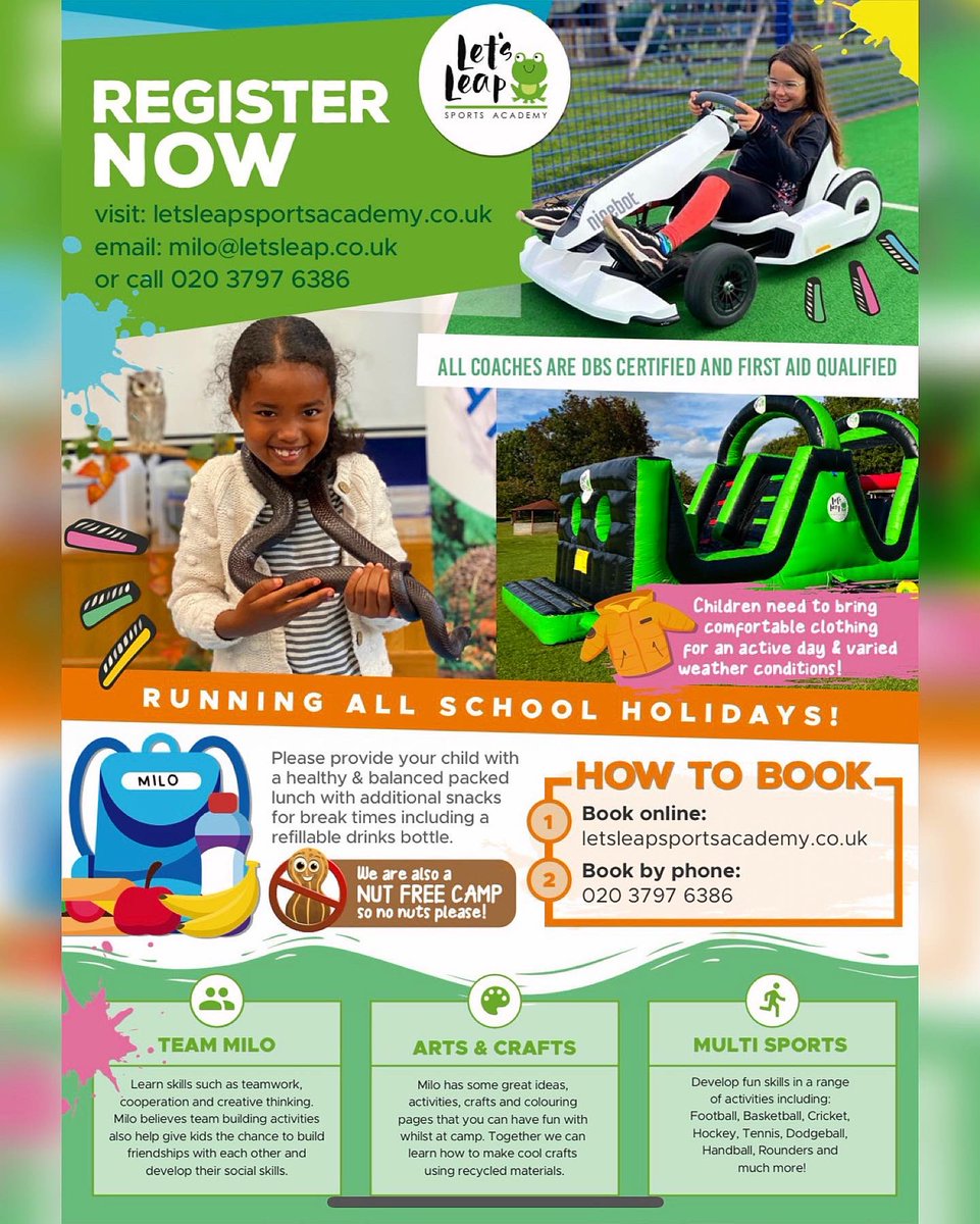 Bookings are live for Let’s Leap Holiday Camps this Half-Term! 

From Electric Segway Go-karts to Live Animal shows, it’s going to be an amazing week! 

…s-leap.childcare-online-booking.co.uk

#letsleap #letsleapsportsacademy #holidaycamps