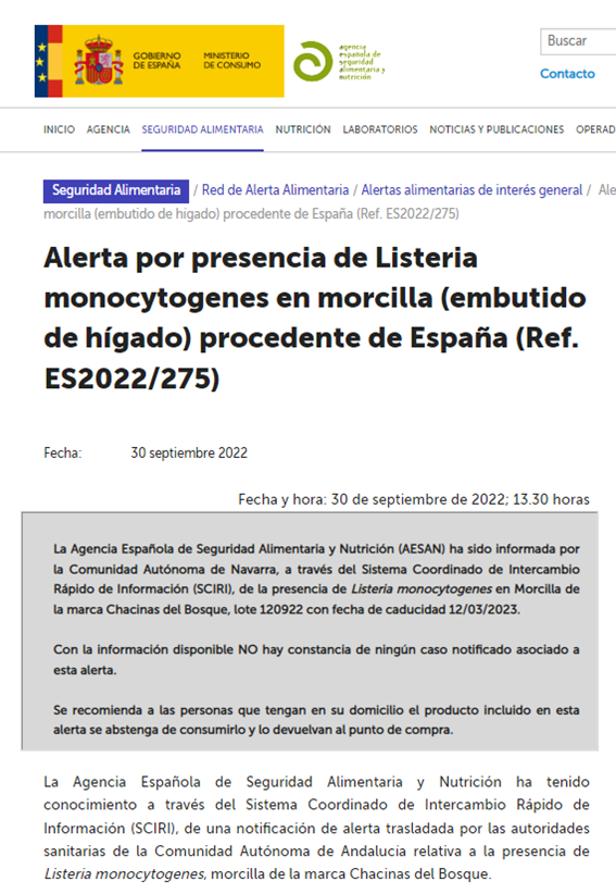 AESAN_gob_es's tweet photo. ⚠️ Alerta por presencia de Listeria monocytogenes en morcilla (embutido de hígado).
🚫 No consumir
▶️Nombre del producto: EMBUTIDOS DE HÍGADO MORCILLA EL BOSQUE
▶️Marca: CHACINAS EL BOSQUE
▶️ Número de lote: 120922
📌https://t.co/yYH8q5vKBQ https://t.co/oDadwZY8GV