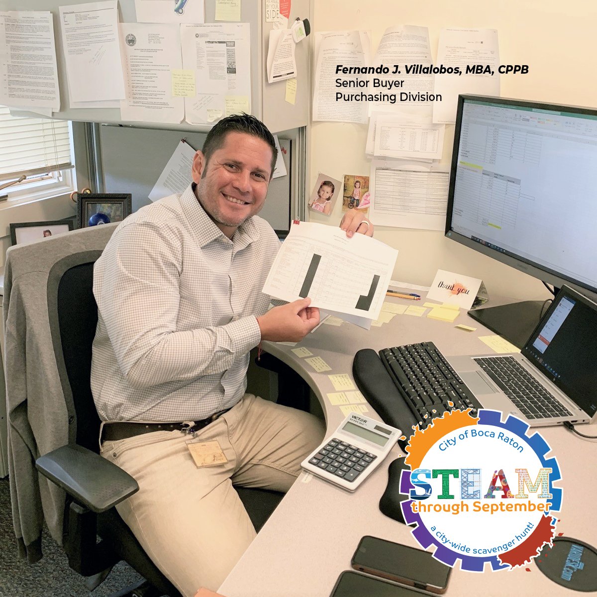 Our last 'STEAM through September' career highlight is MATH with Fernando, a Senior Buyer in our Purchasing Division.

Learn more about Fernando and @BocaRecreation's STEAM through Sept kids' program & scavenger hunt! myboca.us/STEAMJobs

#WeAreCBR #InspiringPublicService