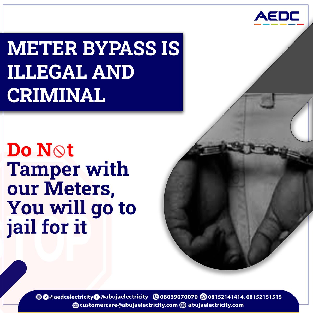 aedcelectricity's tweet photo. Meter bypass can lead to exposed wires and poor connections which can become very hot, spark and start fires and compromise the safety of all.
#AEDC #Abujadisco #MeterBypass #IllegalConnection https://t.co/sLaLbDf4tJ