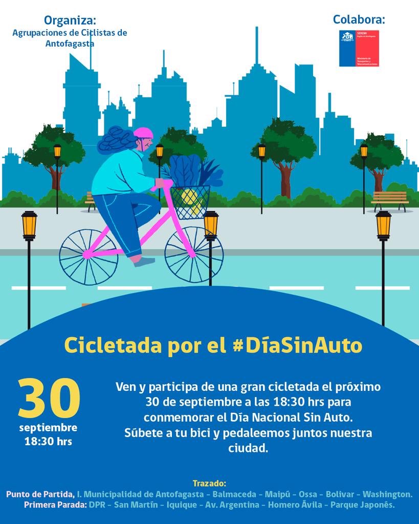 📣Hoy‼️No te pierdas esta tremenda cicletada 🚴🏽‍♀️🚴🏽por el #diasinauto 

🏁18:30 horas
📍frontis Delegación Presidencial (Prat esquina San Martín) #antofagasta 

🚴🏽‍♀️🚴🏽Organizan agrupaciones de ciclistas de Antofagasta. Colaboración de <a href="/MTTAntofagasta/">SeremiTT Región de Antofagasta</a>