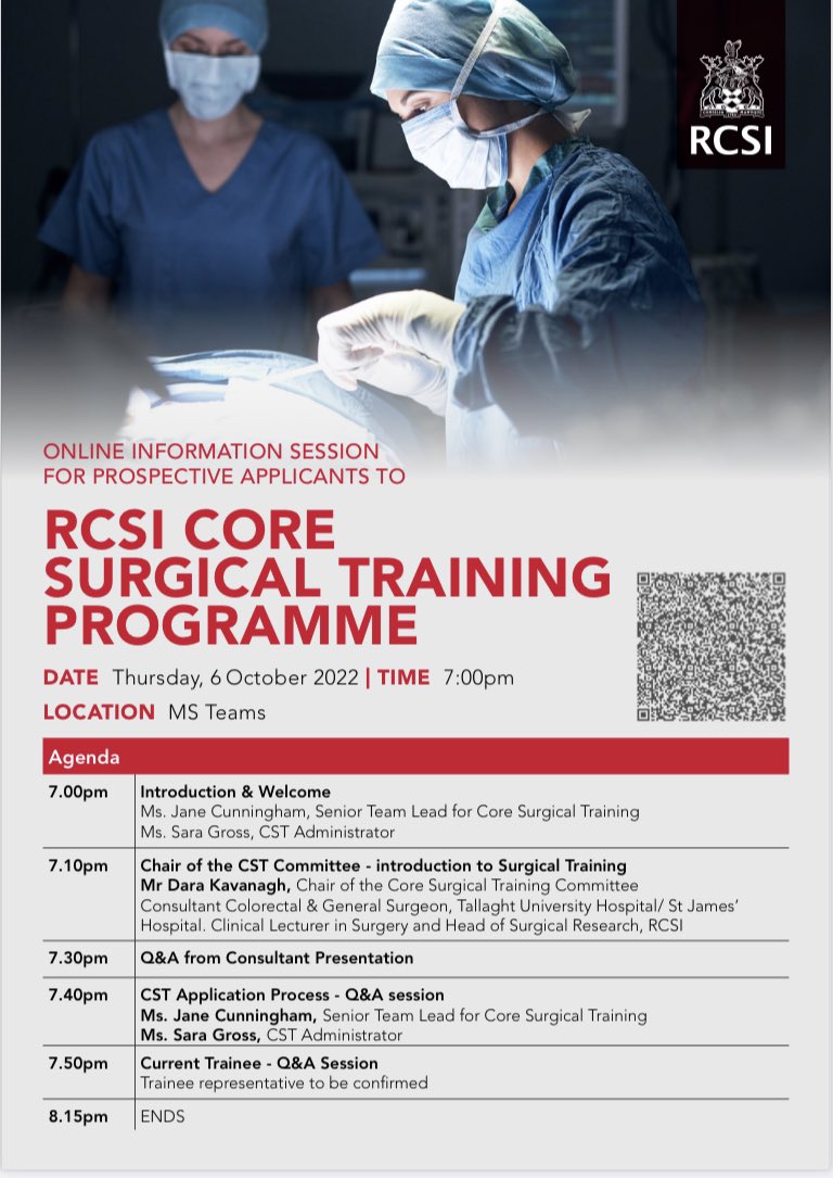 RCSI is holding online information sessions for both Core Surgical Training and Emergency Medicine training programmes on Oct 5th and 6th. 

This is the link for the event: msteams.link/NDZM

<a href="/RCSI_Irl/">RCSI</a> <a href="/RCSIAWS/">RCSI Association of Women Surgeons Student Chapter</a> <a href="/ucdsurgsoc/">UCD Surgical Society</a> <a href="/UCCSurgSoc/">UCC Surgical Society</a> <a href="/tcdsurgsoc/">TCD Surgical Society</a>