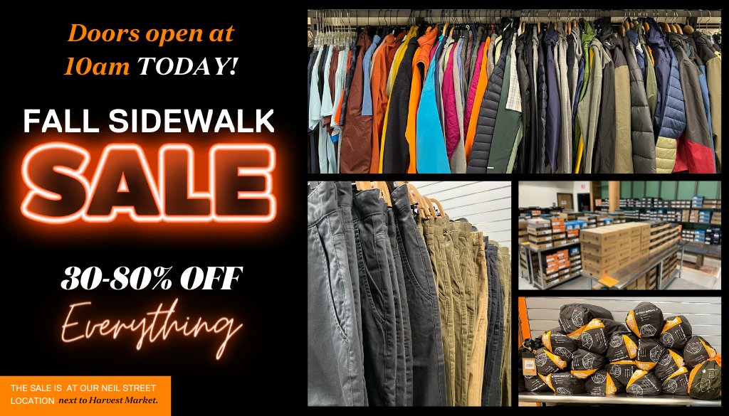 RuggedChampaign's tweet photo. The Fall Sidewalk Sale STARTS TODAY at 10am at our Neil St location! Hurry in to save 30-80% OFF EVERYTHING in the store including men's, women's, and children's outerwear, clothing, and footwear. Plus, score great deals on backpacks, camping gear, socks, accessories and more! https://t.co/Zl3VD8VCbA