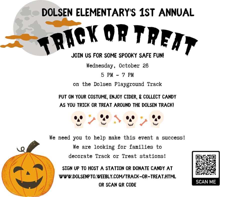 Dolsen Track or Treat is October 26! If you’d like to decorate a station or donate treats, sign up here dolsenpto.weebly.com/track-or-treat… <a href="/SLCSDolsen/">Dolsen Elementary</a>