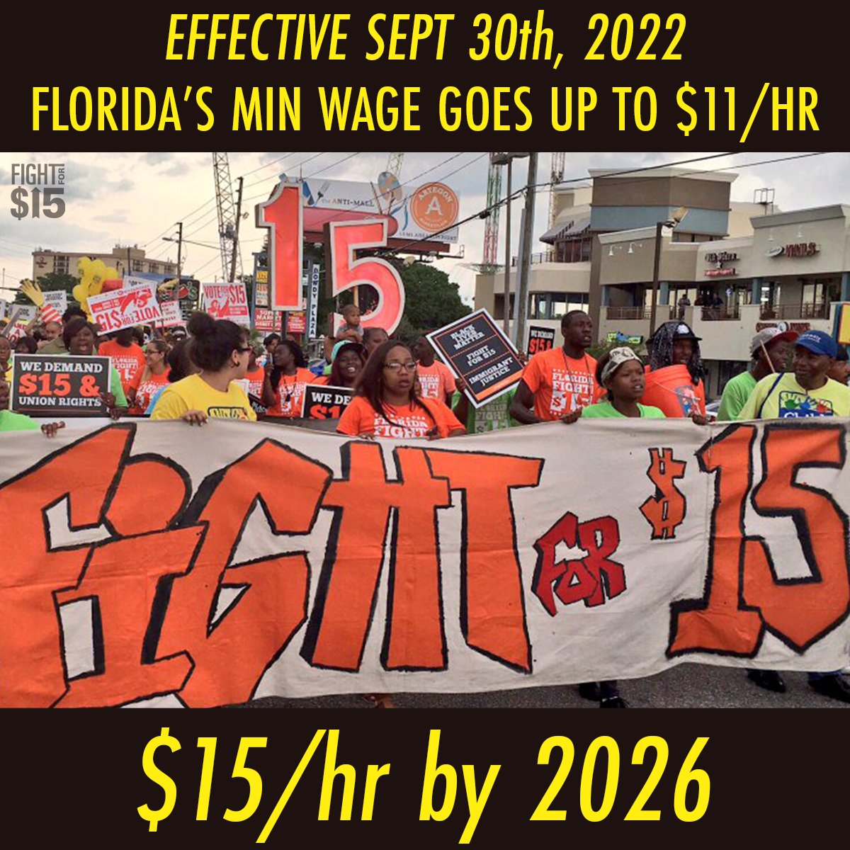 FightFor15FL's tweet photo. Today, FL minimum wage workers get a RAISE!
Back in 2020, we got the state on a pathway to $15/hr and we're seeing part of that raise today.
But, we aren't stopping here! We're going to keep on fighting for higher wages and union rights for every worker.
#FLFor15 https://t.co/OHe0tleECO