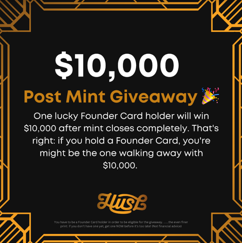 husldaily's tweet image. 🎉 WL Mint LIVE 🥳

Mint a Founder Card now and get a chance to win $10,000! 

1⃣Get access to @huslnfts - bridging web2 businesses to web3. 
2⃣Gain Access to Husl Community Exclusive Channels
3⃣Claim your HUSL Hoodie or T-shirt
✅Join the Discord for more discord.gg/huslnft