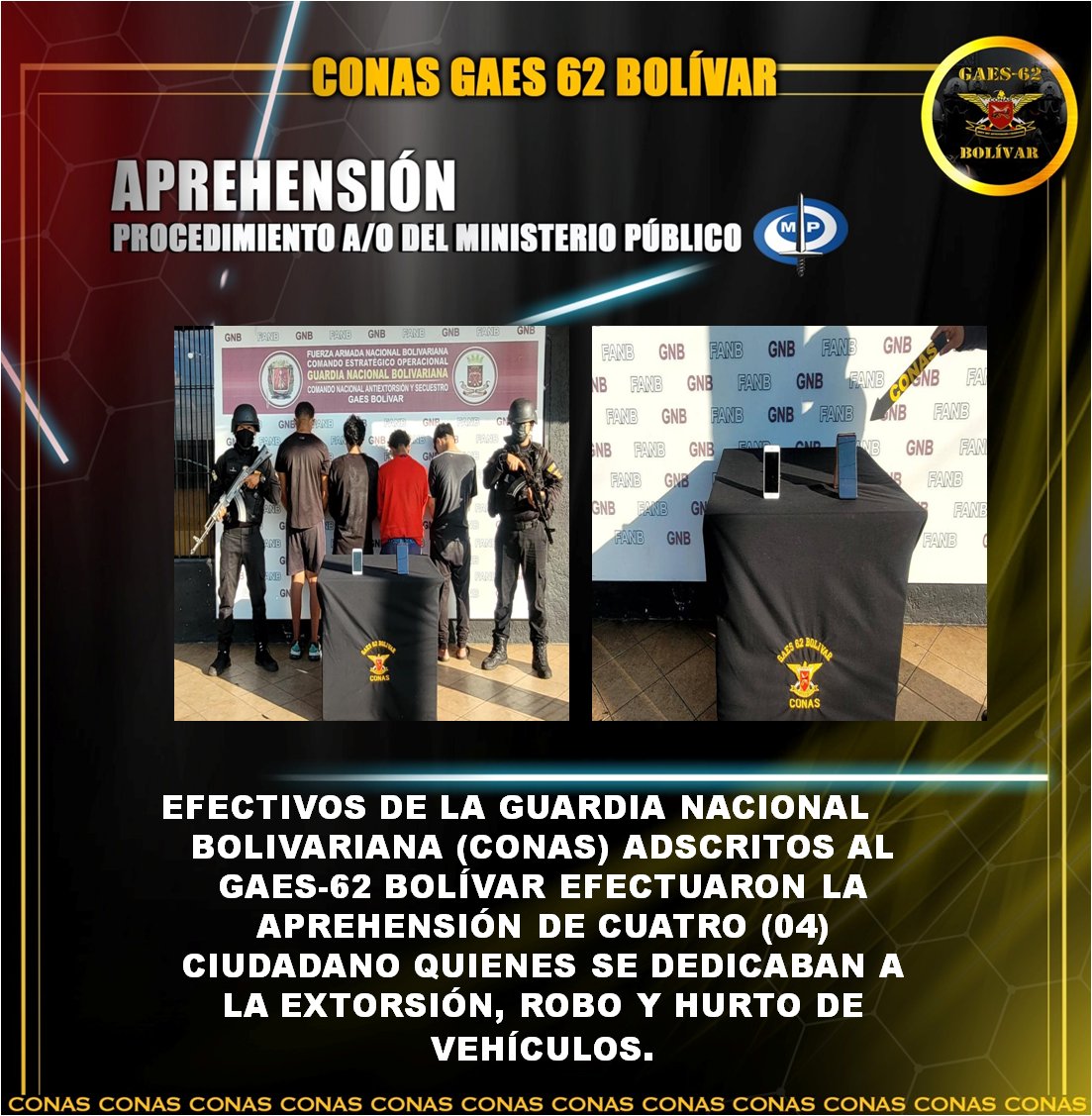 gaesbolivar62's tweet photo. #30Sep | Efectivos del la #FANB #GNBCONAS #GAESBOLIVAR efectuaron la aprehensión de cuatro (04) Ciudadanos por el delito de Extorsión, Robo y Hurto de vehículos fueron puesto a orden del .
@MinpublicoVEN
#ElOrinocoYElMagdalena
#SomosPueblosDePaz https://t.co/mZzFstyLSC