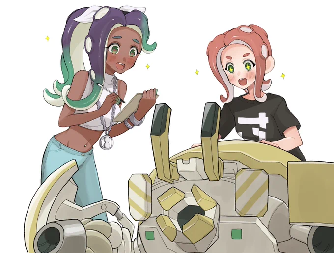 新しいメカに興味津々🐙たちと、見守る🦑たち。 