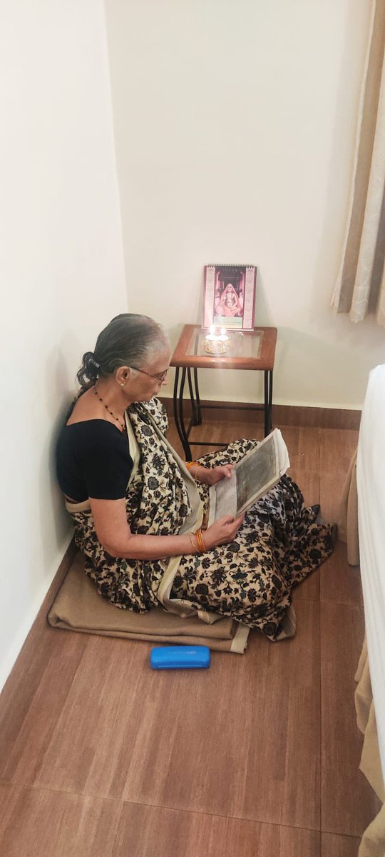 singhsahana's tweet photo. I’ve always believed that it’s my mother’s spiritual strength (&amp; my father’s never-say-die spirit) that has helped us overcome every trial and tribulation. Here she’s doing her daily Vishnu Sahasranama chanting (&amp; perhaps Vayu Stuti) even in a hotel room in Goa! https://t.co/sXXAKEeDLJ