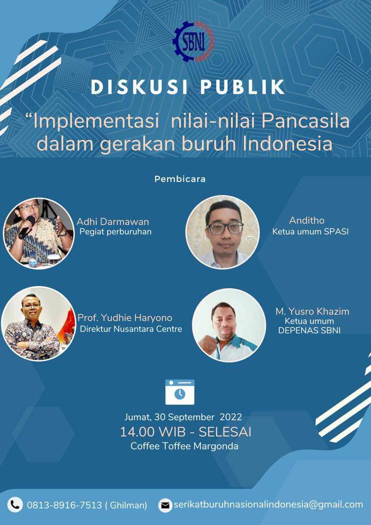 Diskusi Perburuhan SBNI (Serikat Buruh Nasional Indonesia) bersama <a href="/yudhieharyono/">M. Yudhie Haryono</a> dan <a href="/AdhiDar20923512/">Adhi D</a> di <a href="/CoffeeToffeeIDN/">Coffee Toffee IDN</a> Margonda, Depok (30/9/22). Serikat harus paham Pancasila, move on dari tradisi lama dan kapasitasi anggotanya agar tetap menjadi pelopor kelas buruh. Merdeka