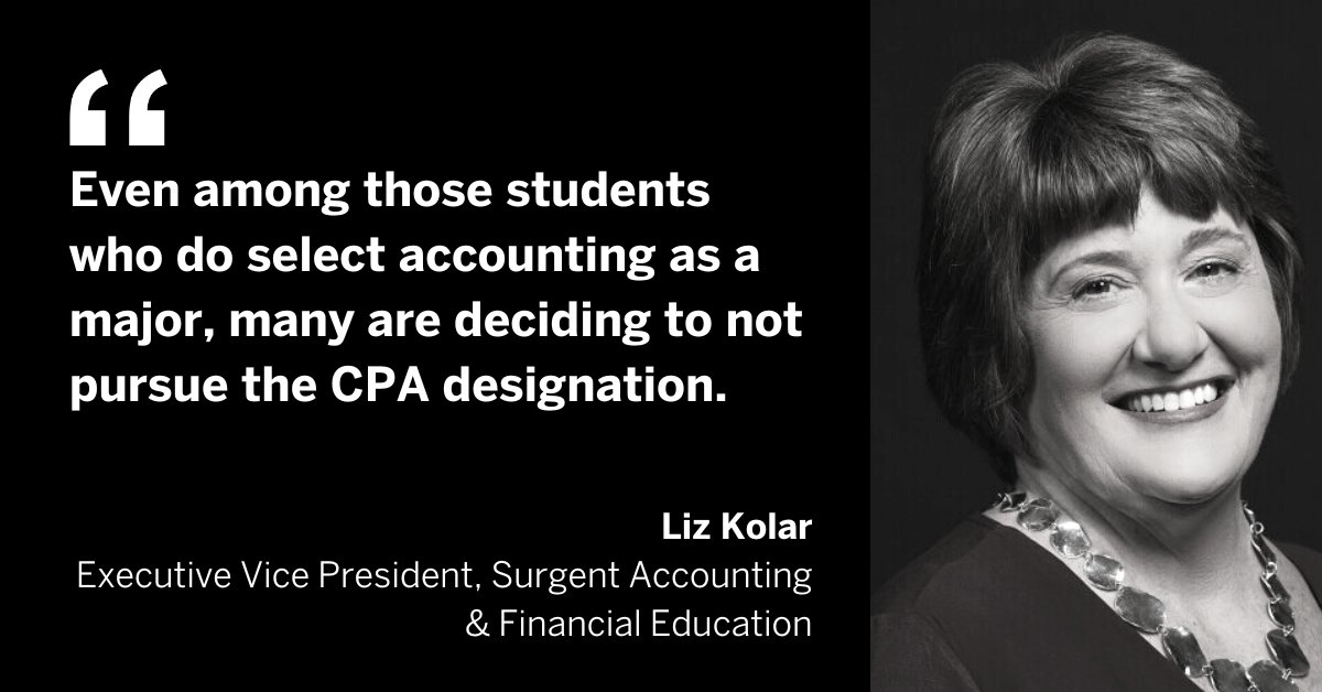 AccountingToday's tweet photo. No single solution will solve the #accounting pipeline issues. What's needed is a comprehensive approach that begins well before potential CPAs enter college and continues through the start of their careers, says Liz Kolar of @SurgentAFE. https://t.co/y1cyh774KI https://t.co/gltMLmsqOg