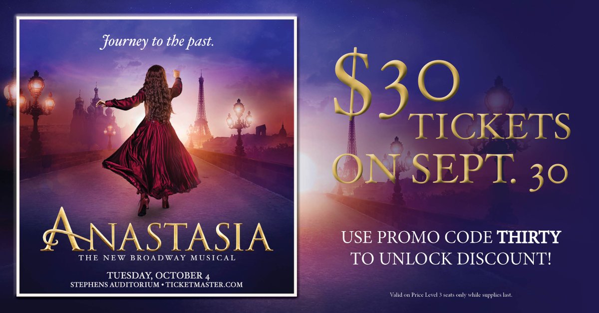 TODAY ONLY!! Score $30 tickets to Tuesday’s performance of Anastasia as part of our $30 on the 30th sale! Click the Ticketmaster link below and use passcode THIRTY to unlock the discount. 

ticketmaster.com/anastasia-tour…