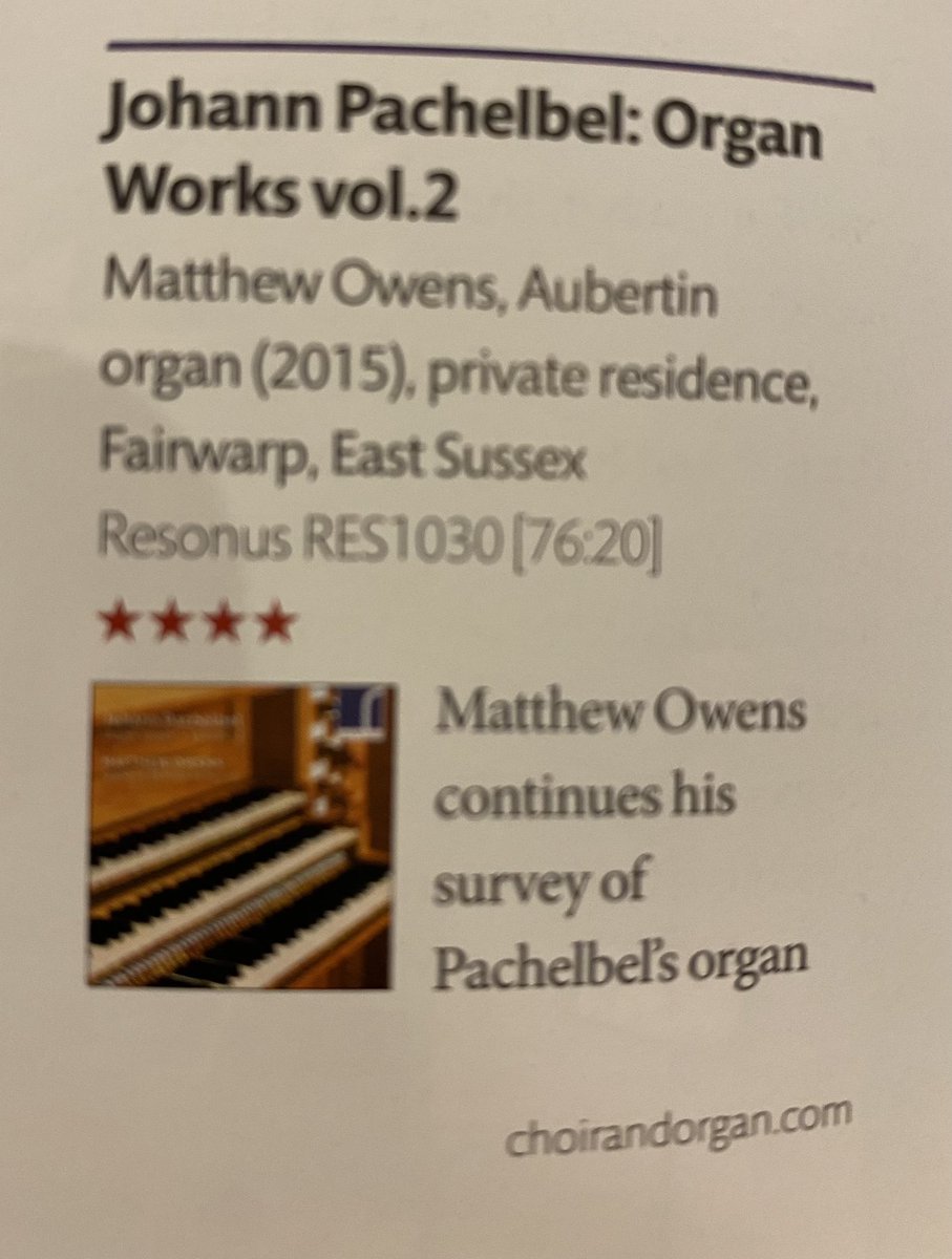 MatthewOwensUK's tweet photo. Delighted to get this lovely review (attached in full) from this month’s  @ChoirandOrgan for volume 2 of my @resonusclassics Complete Pachelbel Organ Works series: https://t.co/xVT77oB0d6 #earlymusic #pachelbel #organs https://t.co/JJ3D5jwv0M