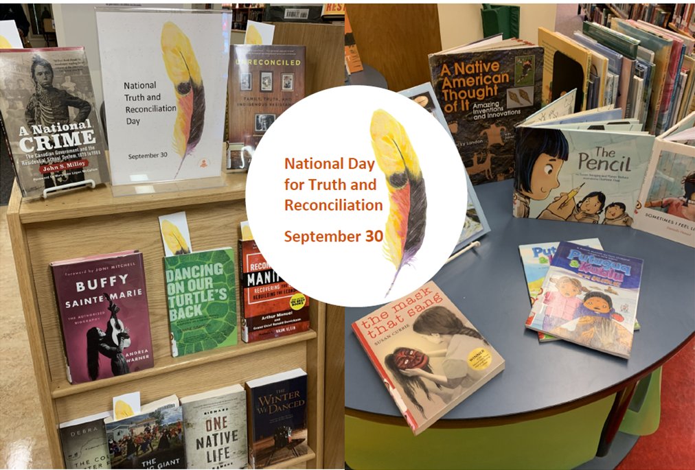We've set up displays throughout the library in recognition of National Truth and Reconciliation Day. We're open 10 - 5 today.