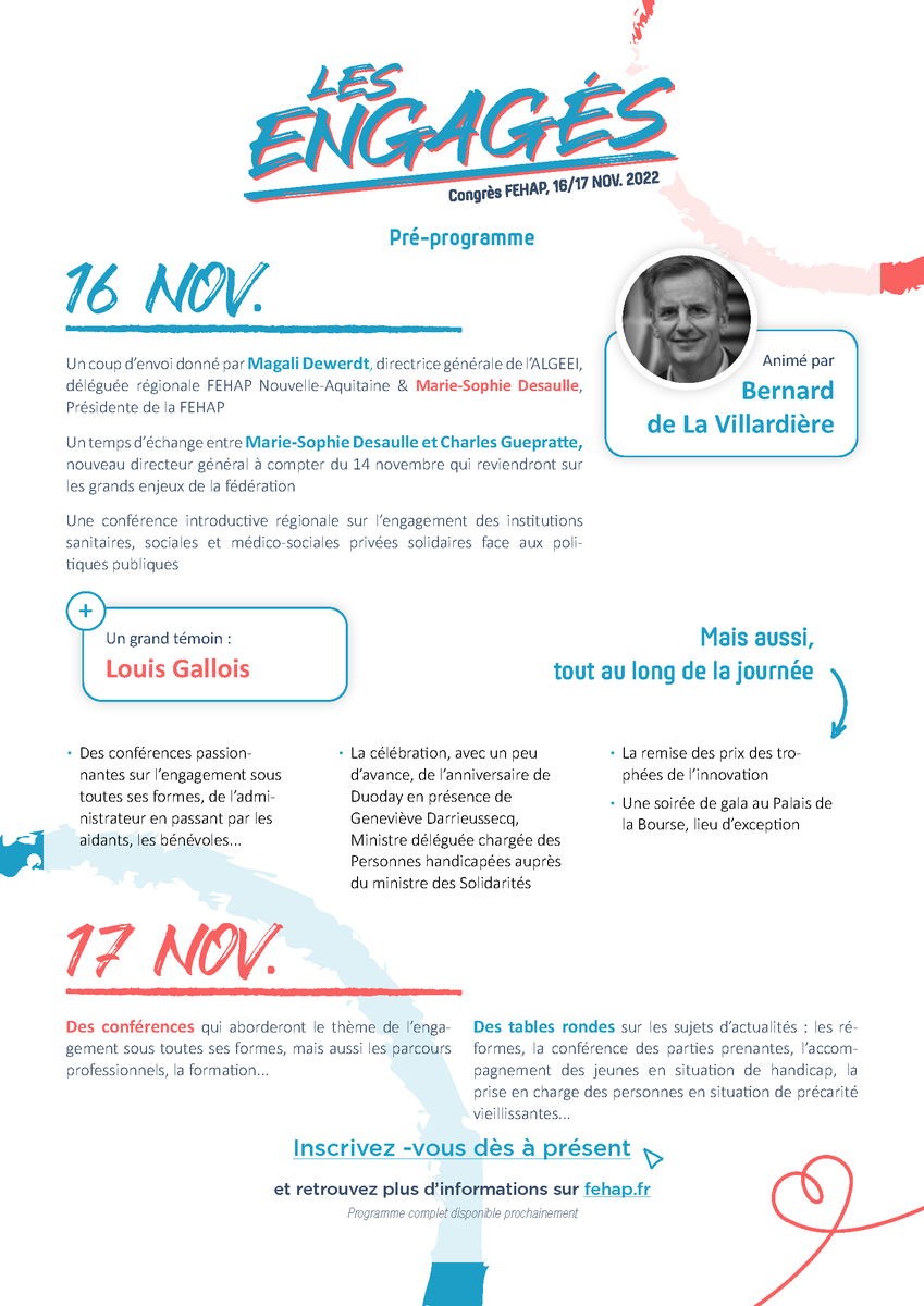 Demandez le pré-programme ! 🗣
Découvrez les premiers éléments de programme du #CongrèsFEHAP !

Restez connectés pour découvrir le programme complet !

👉 Infos &amp; inscriptions : fehap.fr