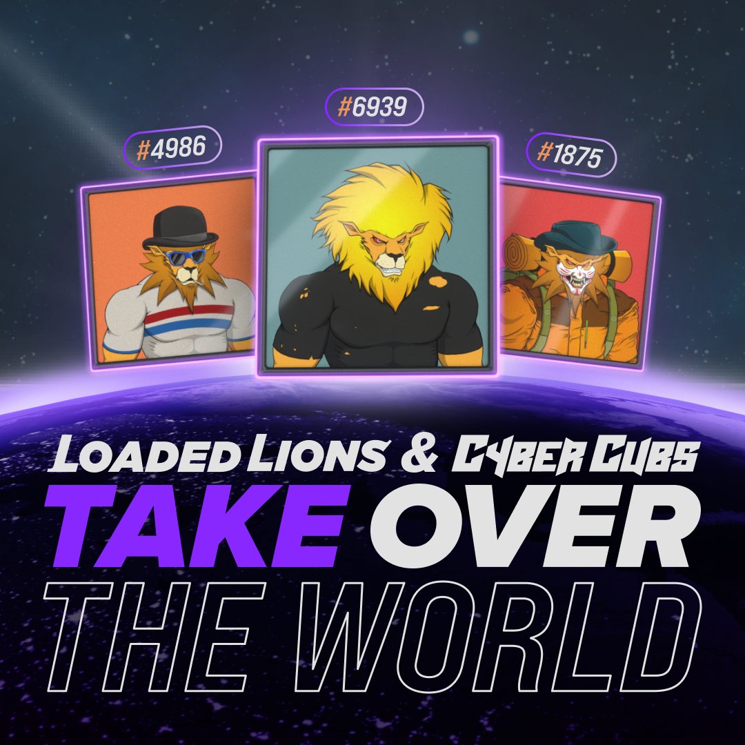 LoadedLions_CDC's tweet photo. Attention Mane Netizens!

We purchased not1️⃣, but3️⃣ "Loaded Lions" NFTs for Loaded Lions &amp; Cyber Cubs Take Over the World 🎁

3 lucky participants of this campaign will add another Loaded Lion to their collection, so get snappin’ 📸

#LoadedLions #CyberCubs #LoadedLionsTakeOver https://t.co/n7LhPgCQ1L