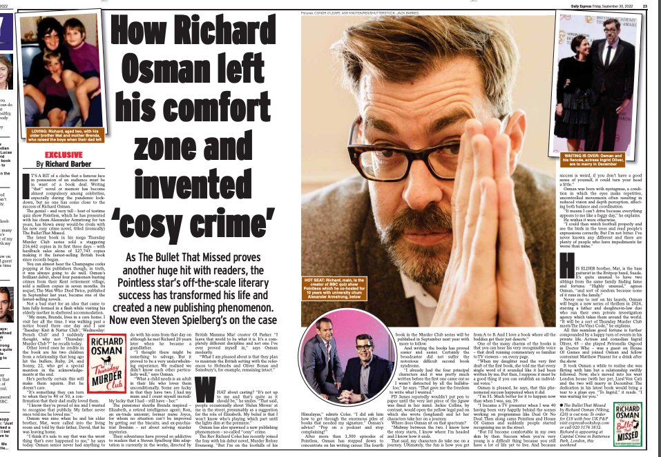 Lovely to have the great #RichardOsman in #ExpressFeatures today talking #TheBulletThatMissed ahead of his @CapitalCrime1 appearance this weekend. Be interested to hear discussion on this headline.