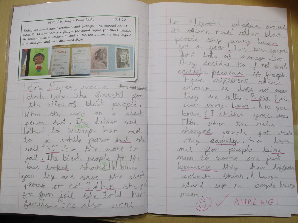 menstonprimary's tweet photo. Eleanor P in Year 2 has written this fantastic piece about Rosa Parks and why she is an inspirational figure from history.
#primaryschoolwriting #blackhistorymonth #year2writing https://t.co/699ptQomoK