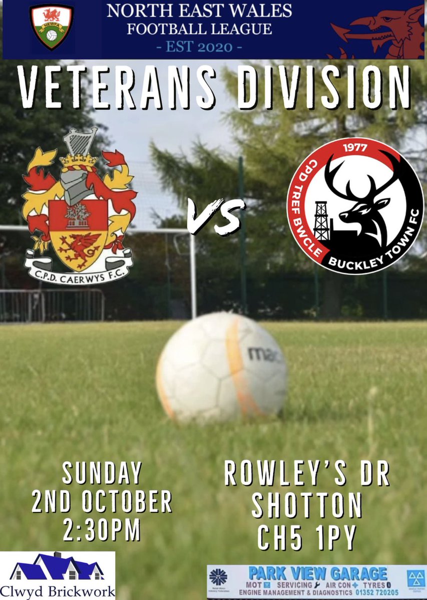 ⚽️𝗨𝗣𝗖𝗢𝗠𝗜𝗡𝗚 𝗙𝗜𝗫𝗧𝗨𝗥𝗘⚽️ 

Up next it’s <a href="/BTVetsFC/">BuckleyTownVets</a> this coming Sunday down at Rowleys Drive Shotton  in the North East Wales Football League Veterans Division. 

Details below 👇