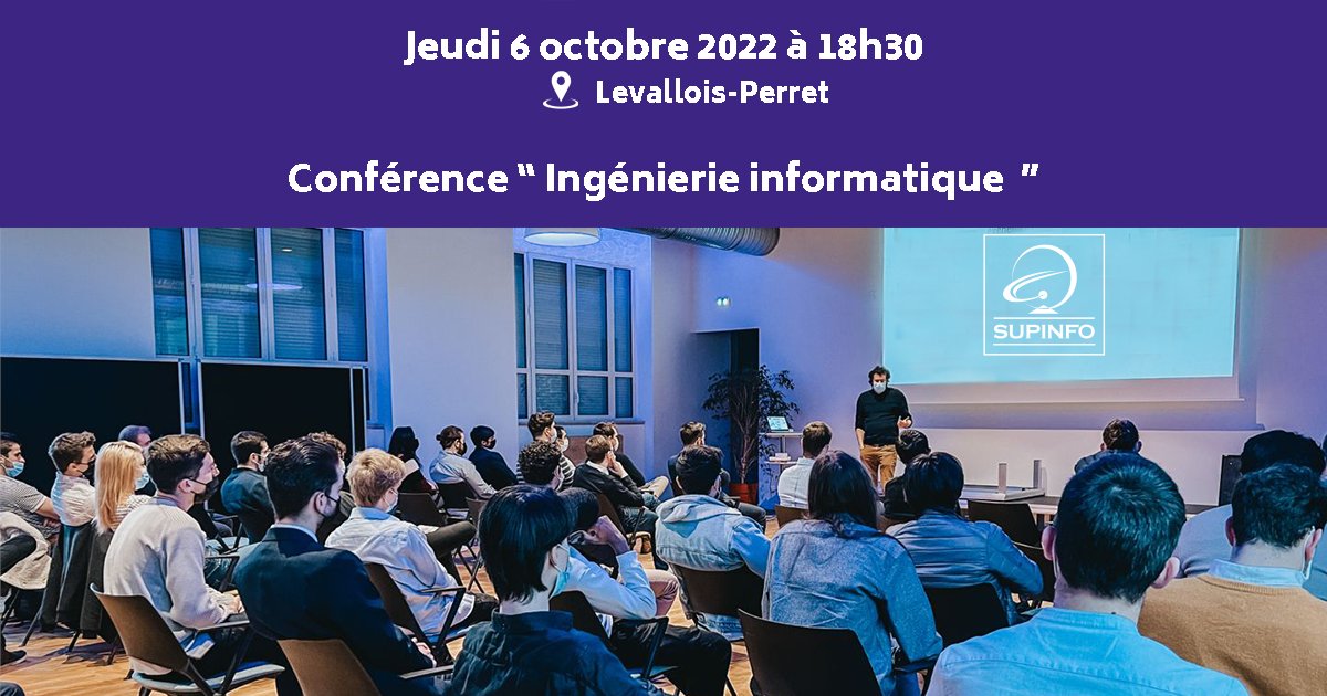 SUPINFO's tweet photo. RDV jeudi 6 oct. avec Abdel et Laetitia en 5e année, à la conférence « Ingénierie informatique » de 18h30 - Salons Anatole-France - Levallois-Perret.
#supinfo #ecole #informatique #developpement #cloud #reseaux #intelligenceartificielle #bigdata #cybersecurity https://t.co/MDP8x0vMvJ