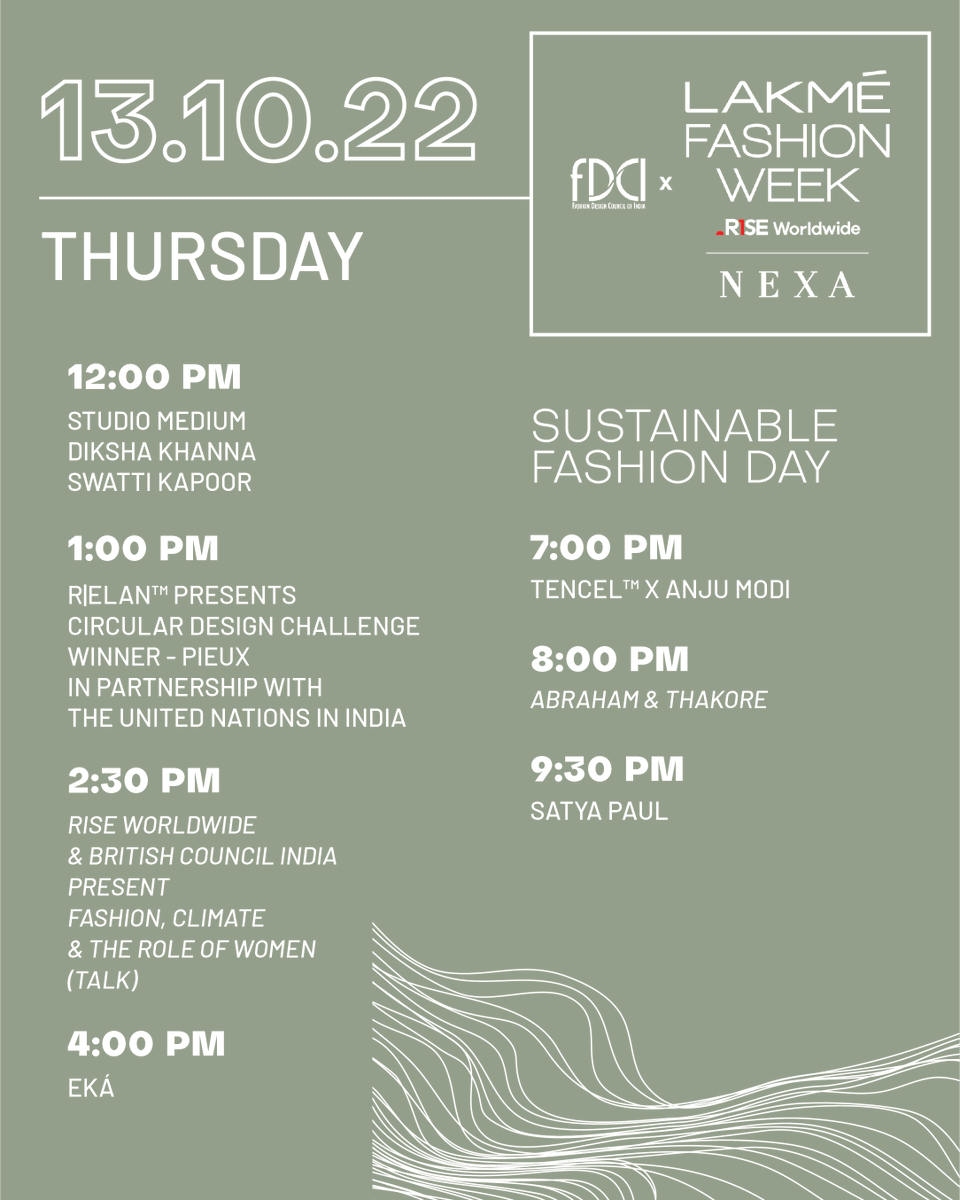 Presenting the schedule for Day 2 of FDCI x Lakmé Fashion Week October 2022.

<a href="/ILoveLakme/">Lakmé India</a> <a href="/fdciofficial/">FDCI</a> <a href="/R1SEWorldwide/">RISE Worldwide</a> <a href="/NexaExperience/">Nexa Experience</a> 

#ReadyForACloseUp #FDCIxLakméFashionWeek #LakméFashionWeek #FDCIxLFW #5DaysOfFashion #LFW