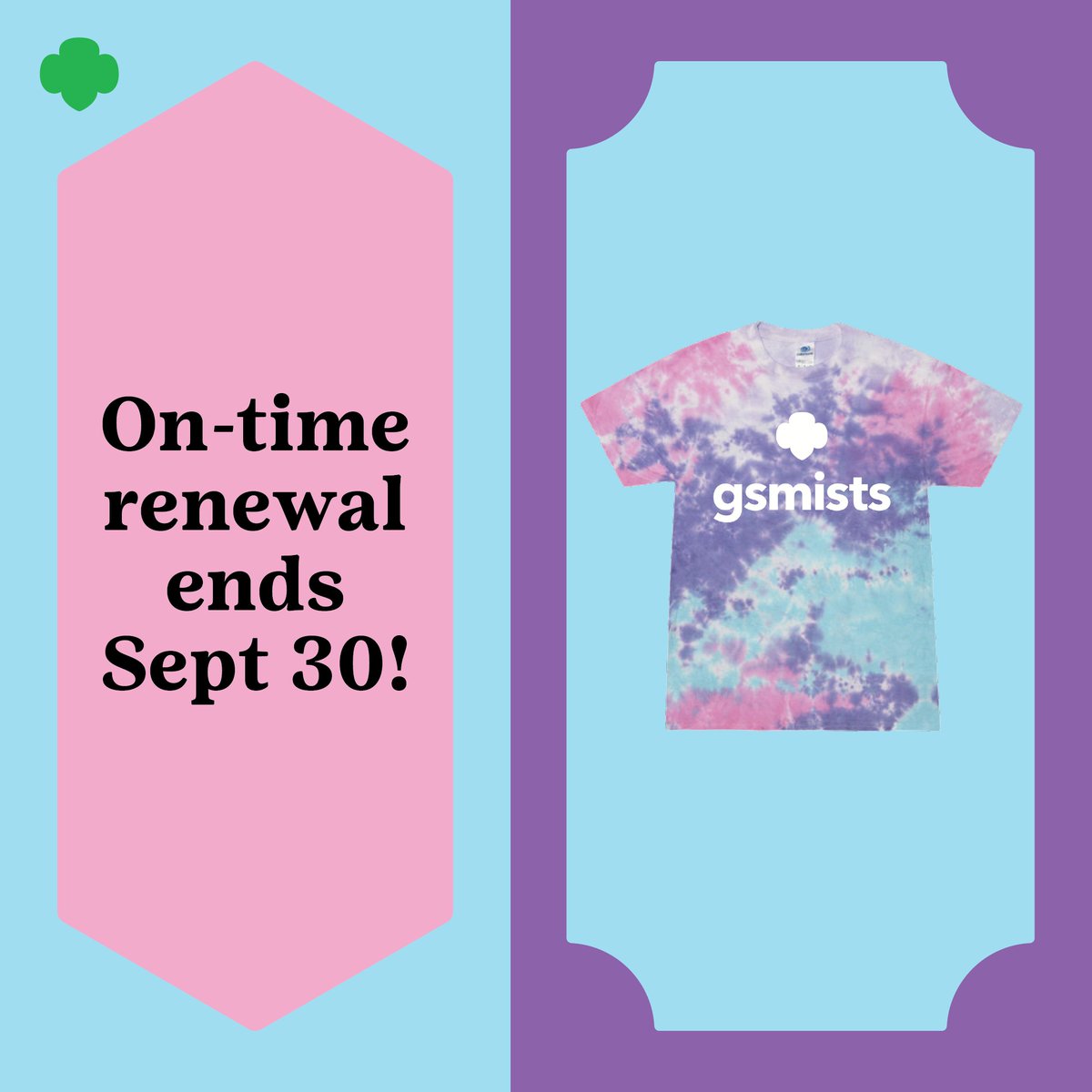 GSMISTS's tweet photo. TODAYS THE LAST DAY!
.
Renew at least 80% of your girl troop members and two troop leaders, and ALL members of your troop are eligible to purchase this year’s exclusive t-shirt (Girl members can be new or renewed).
.
#GirlScouts #GSMISTS #BeYourselfWithUS https://t.co/GdaaJ1JPfz