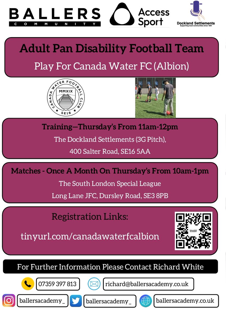 BallersAcademy_'s tweet photo. 🄱🄰🄻🄻🄴🅁🅂 🄲🄾🄼🄼🅄🄽🄸🅃🅈
We are delighted to announce our FREE adult PAN Disability football team @canadawaterfc (Albion), starting on Thursday 6th of October @ Docklands Settlement
For more info please visit https://t.co/dGtRKTvEIo or email richard@ballersacademy.co.uk https://t.co/gUjpIXgW1t