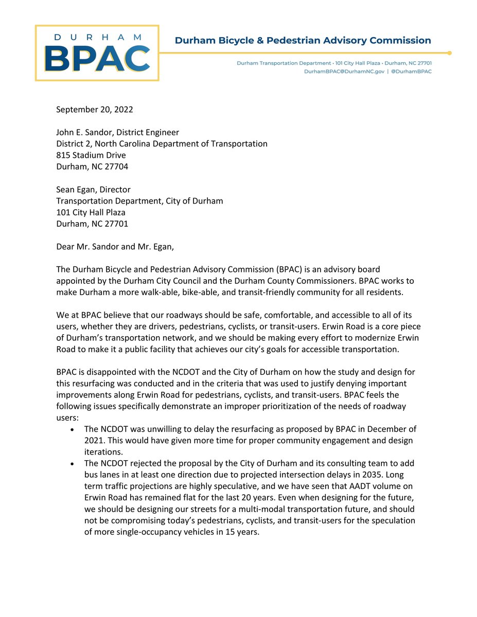 DurhamBPAC's tweet photo. On September 20th, @DurhamBPAC approved the following letter regarding the Erwin Road resurfacing project: https://t.co/0C34NxTLwg
