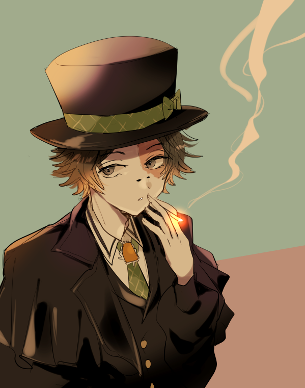 green necktie hat 1boy male focus solo necktie cigarette  illustration images