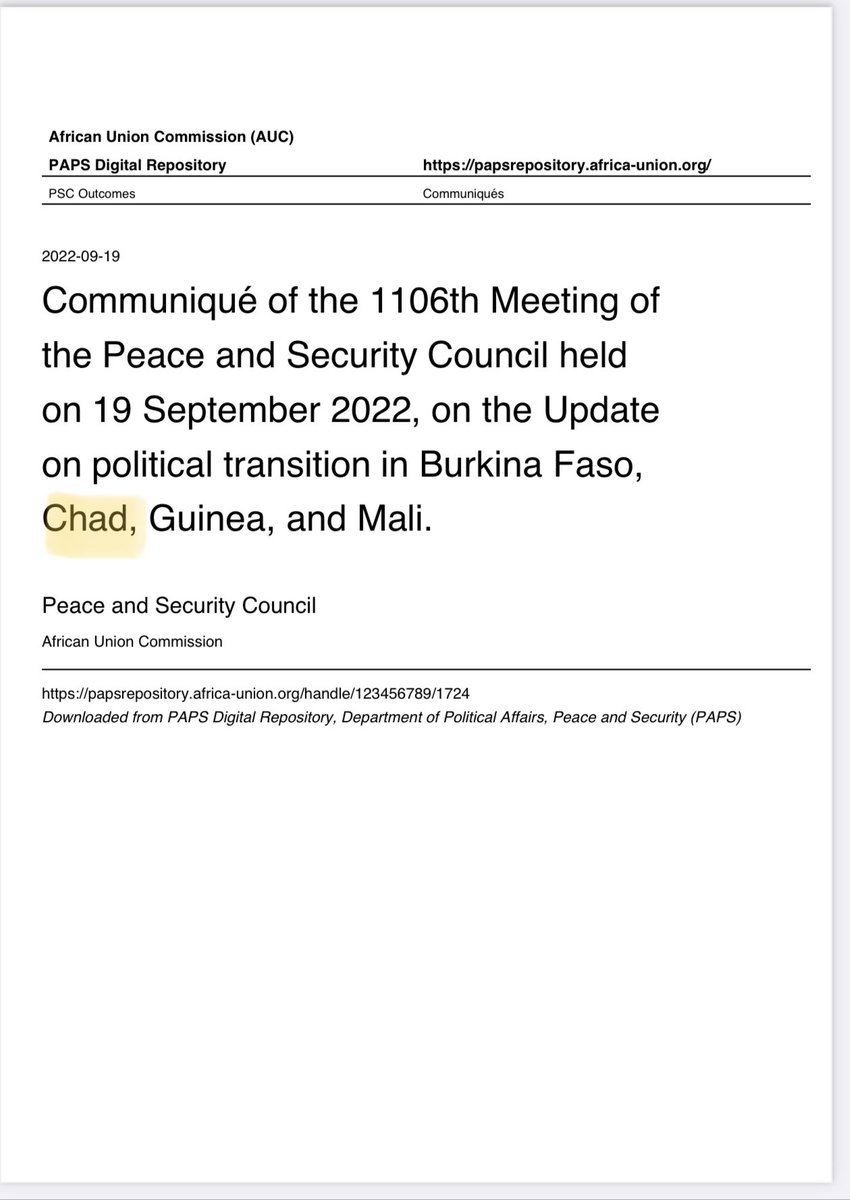 ramadji's tweet photo. .@_AfricanUnion’s @AUC_PAPS makes it clear that the #ineligibility of Chad’s #TMC generals (@GmahamatIdi included.) is UNEQUIVOCAL &amp; that they must stick to the initial 18 months agreed upon. Encouraging to wake up to this communiqué. The message is loud and limpid. 🧵 1/8 https://t.co/5jIT4zEmPO