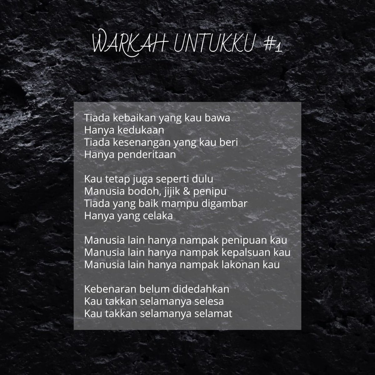 Midn1ghtTh0ught's tweet photo. Sekadar ingatan buat diri sendiri
Yang selalu berasa selamat disebalik sebuah lakonan
Semuanya pasti terbongkar suatu hari nanti
Sentiasa waspada hingga tiba hari itu
#warkahuntukku1
#writtenthoughts
#book1
#midnightthoughts https://t.co/w7p7FniuQ0