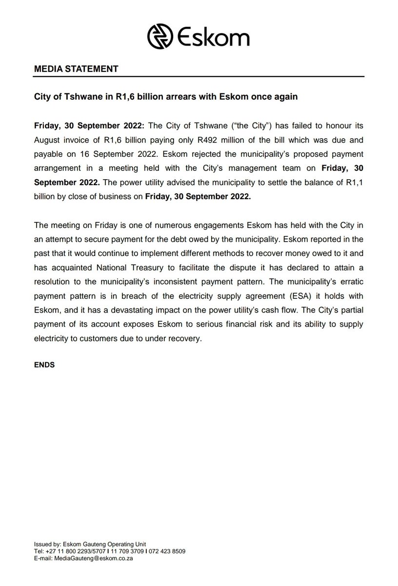 Carte Blanche on Twitter "RT Eskom_SA EskomGauteng MediaStatement City of Tshwane in R1,6