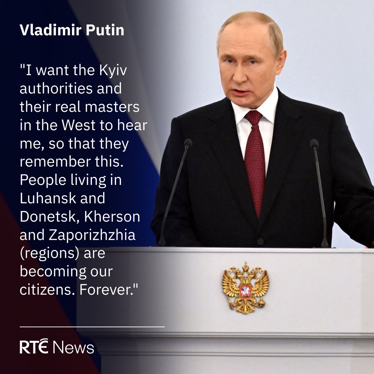 Russian President Vladimir Putin has warned the West that the people of four Moscow-occupied Ukrainian regions were "our citizens forever" at a Kremlin ceremony | Read more: bit.ly/3LUitKO